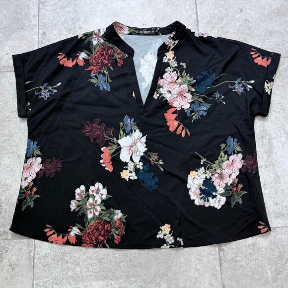 Womens Plus Size Floral Blouse with Notch Neck Cuffed Sleeve Size 3XL - Picture 2 of 13